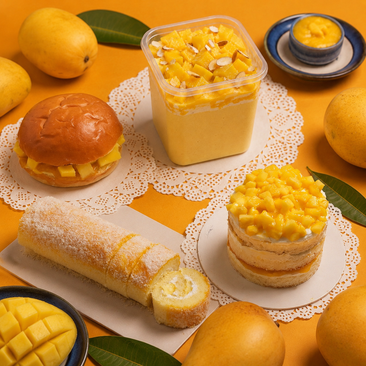 Ultimate Mango Dessert Combo – Tres Leches, Swiss Roll, Cream Bun & Bento Cake